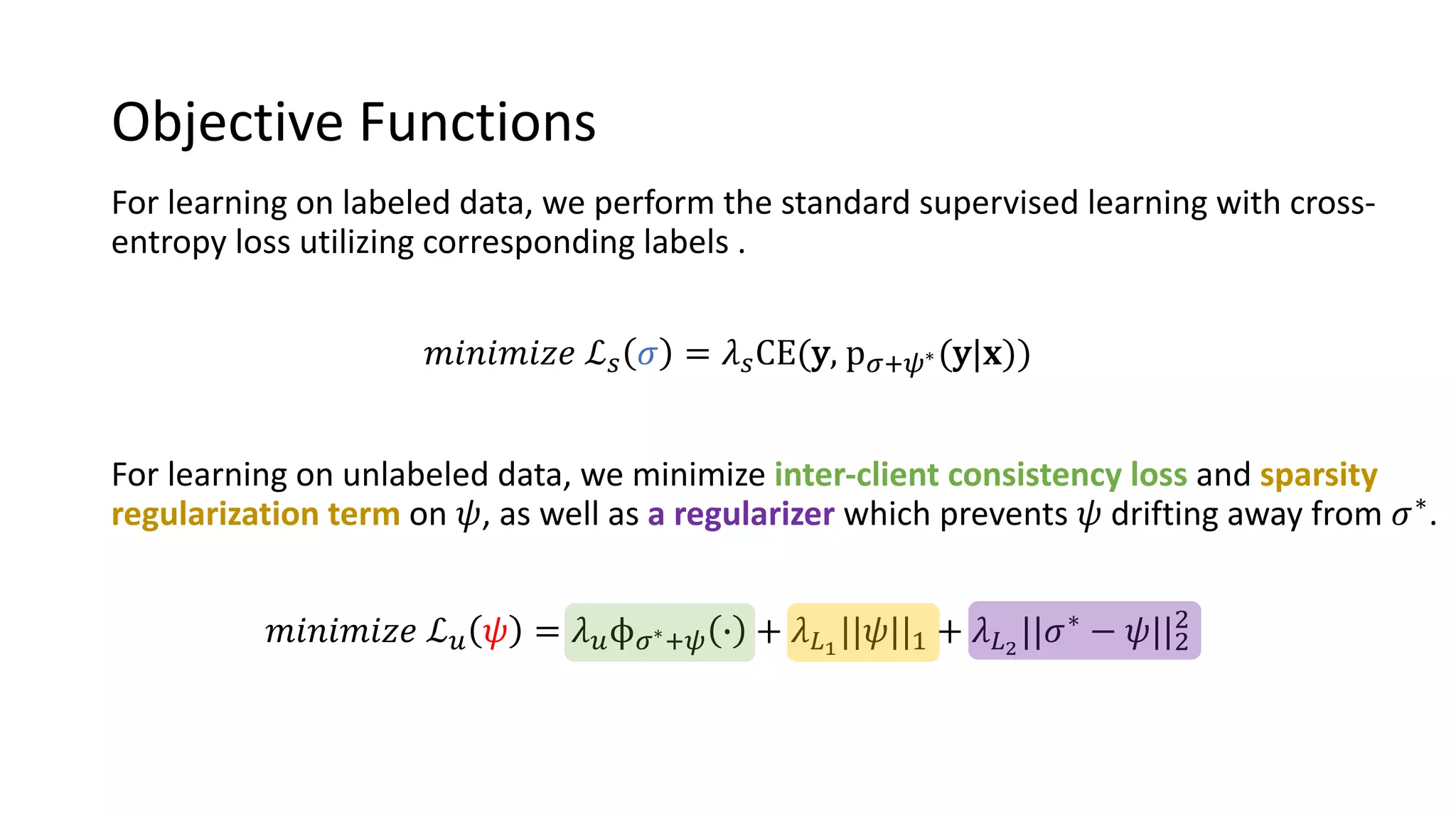Objective Functions
For learning on labeled data, we perform the standard supervised learning with cross-
entropy loss utilizing corresponding labels .
For learning on unlabeled data, we minimize inter-client consistency loss and sparsity
regularization term on 𝜓, as well as a regularizer which prevents 𝜓 drifting away from 𝜎∗.
𝑚𝑖𝑛𝑖𝑚𝑖𝑧𝑒 ℒA 𝜎 = 𝜆ACE(y, pBCD∗(y|𝐱))
𝑚𝑖𝑛𝑖𝑚𝑖𝑧𝑒 ℒE 𝜓 = 𝜆EϕB∗CD 5 + 𝜆F"
||𝜓||! + 𝜆F#
||𝜎∗ − 𝜓||"
"
 