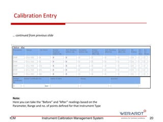 … continued from previous slide
Note:
Here you can take the “Before” and “After” readings based on the
Parameter, Range and no. of points defined for that Instrument Type
Calibration Entry
20ICM Instrument Calibration Management System
 
