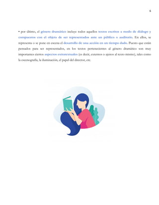 6
• por último, el género dramático incluye todos aquellos textos escritos a modo de diálogo y
compuestos con el objeto de ser representados ante un público o auditorio. En ellos, se
representa o se pone en escena el desarrollo de una acción en un tiempo dado. Puesto que están
pensados para ser representados, en los textos pertenecientes al género dramático son muy
importantes ciertos aspectos extratextuales (es decir, externos o ajenos al texto mismo), tales como
la escenografía, la iluminación, el papel del director, etc.
 