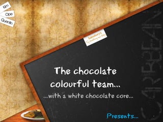 The chocolate
  colourful team…
…with a white chocolate core…

                    Presents…
 