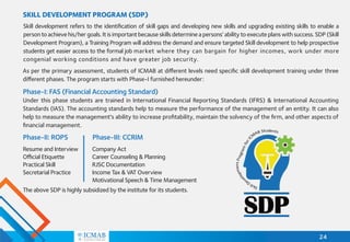 24
SKILL DEVELOPMENT PROGRAM (SDP)
Skill development refers to the identification of skill gaps and developing new skills and upgrading existing skills to enable a
person to achieve his/her goals. It is important because skills determine a persons’ ability to execute plans with success. SDP (Skill
Development Program), a Training Program will address the demand and ensure targeted Skill development to help prospective
students get easier access to the formal job market where they can bargain for higher incomes, work under more
congenial working conditions and have greater job security.
Phase-I: FAS (Financial Accounting Standard)
Under this phase students are trained in International Financial Reporting Standards (IFRS) & International Accounting
Standards (IAS). The accounting standards help to measure the performance of the management of an entity. It can also
help to measure the management's ability to increase profitability, maintain the solvency of the firm, and other aspects of
financial management.
As per the primary assessment, students of ICMAB at different levels need specific skill development training under three
different phases. The program starts with Phase-I furnished hereunder:
Phase-II: ROPS
Resume and Interview
Official Etiquette
Practical Skill
Secretarial Practice
Phase-III: CCRIM
Company Act
Career Counseling & Planning
RJSC Documentation
Income Tax & VAT Overview
Motivational Speech & Time Management
The above SDP is highly subsidized by the institute for its students.
 