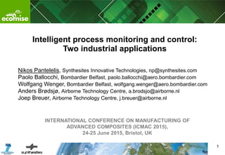 Intelligent process monitoring and control:
Two industrial applications
Nikos Pantelelis, Synthesites Innovative Technologies, np@synthesites.com
Paolo Ballocchi, Bombardier Belfast, paolo.ballocchi@aero.bombardier.com
Wolfgang Wenger, Bombardier Belfast, wolfgang.wenger@aero.bombardier.com
Anders Brødsjø, Airborne Technology Centre, a.brodsjo@airborne.nl
Joep Breuer, Airborne Technology Centre, j.breuer@airborne.nl
1
INTERNATIONAL CONFERENCE ON MANUFACTURING OF
ADVANCED COMPOSITES (ICMAC 2015),
24-25 June 2015, Bristol, UK
 