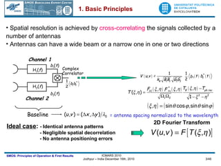 Channel 2 Channel 1 = antenna spacing normalized to the wavelength Baseline Spatial resolution is achieved by  cross-correlating  the signals collected by a number of antennas Antennas can have a wide beam or a narrow one in one or two directions Ideal case :  - Identical antenna patterns   - Negligible spatial decorrelation   - No antenna positioning errors 2D Fourier Transform 1. Basic Principles H 1 ( f ) H 2 ( f ) b 1 ( t ) b 2 ( t ) Complex  Correlator 