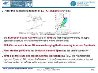 .  After the successful results of   ESTAR radiometer  (1988),   the   European Space Agency  starts in   1993  the first feasibility studies to apply synthetic aperture microwave radiometry in two dimensions: .   MIRAS concept is born :  Microwave Imaging Radiometer by Aperture Synthesis .   First studies  ( 1993-95 ): led by   Matra Marconi Space  as the prime contractor .   1995 Soil Moisture and Ocean Salinity Workshop  (ESTEC, the Netherlands) Aperture Synthesis Microwave Radiometry is the only technique capable of measuring soil moisture and ocean salinity with enough accuracy and spatial resolution. SSS image derived from the ’“Electronically Steered Thinned Array Radiometer (ESTAR)”.  Error = 0.3 psu (D. M. LeVine et al., NASA Goddard).  