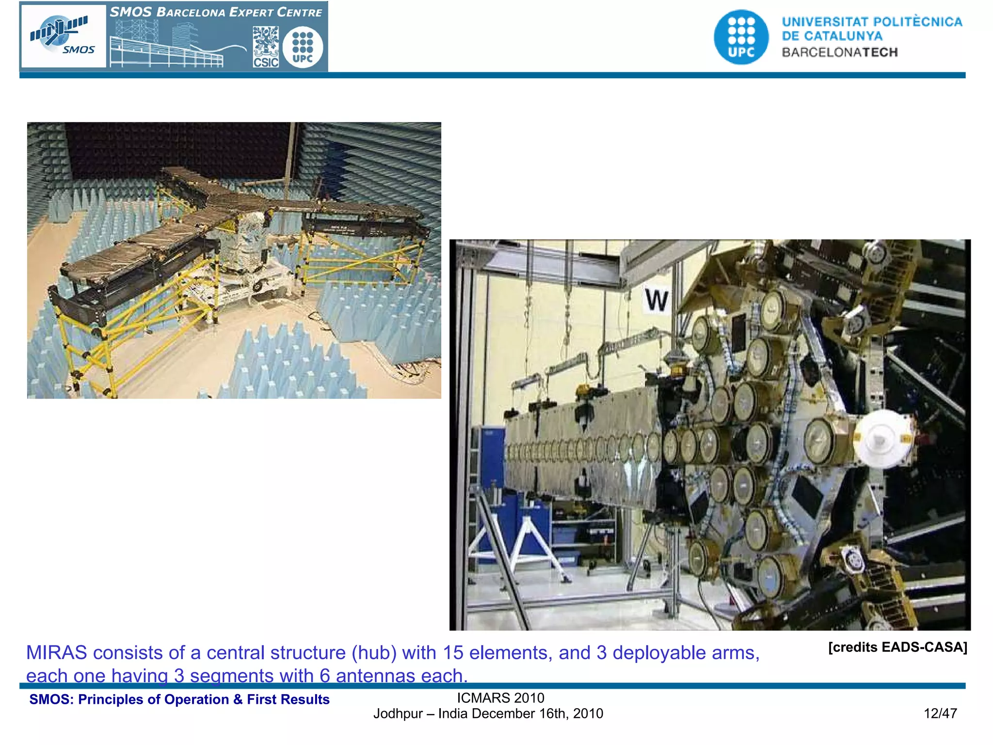 MIRAS consists of a central structure (hub) with 15 elements, and 3 deployable arms,  each one having 3 segments with 6 antennas each.  [credits EADS-CASA] 