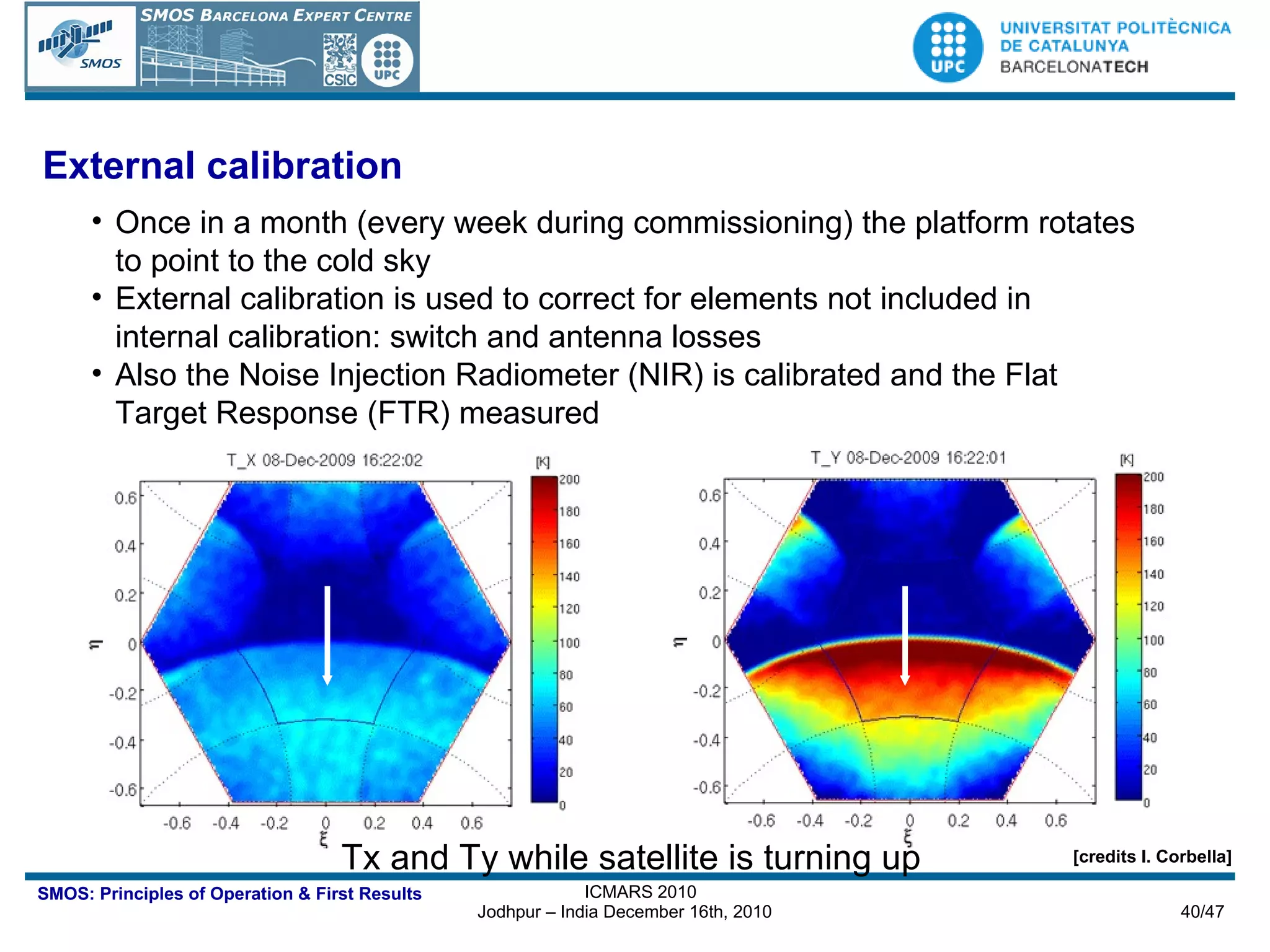 Once in a month (every week during commissioning) the platform rotates to point to the cold sky External calibration is used to correct for elements not included in internal calibration: switch and antenna losses Also the Noise Injection Radiometer (NIR) is calibrated and the Flat Target Response (FTR) measured HERE IT GOES THE ANIMATION. T_X_skylook2.gif HERE IT GOES THE ANIMATION. T_Y_skylook2.gif External calibration [credits I. Corbella] Tx and Ty while satellite is turning up 