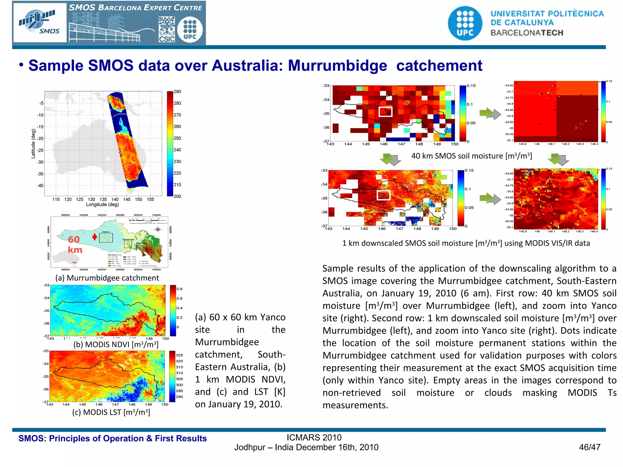 Sample results of the application of the downscaling algorithm to a SMOS image covering the Murrumbidgee catchment, South-Eastern Australia, on January 19, 2010 (6 am). First row: 40 km SMOS soil moisture  [m 3 /m 3 ]  over Murrumbidgee (left), and zoom into Yanco site (right). Second row: 1 km downscaled soil moisture  [m 3 /m 3 ]  over Murrumbidgee (left), and zoom into Yanco site  (right ). Dots indicate the location of the soil moisture permanent stations within the Murrumbidgee catchment used for validation purposes with colors representing their measurement at the exact SMOS acquisition time (only within Yanco site). Empty areas in the images correspond to non-retrieved soil moisture or clouds masking MODIS Ts measurements. (a) 60 x 60 km Yanco site in the Murrumbidgee catchment, South-Eastern Australia, (b) 1 km MODIS NDVI, and (c) and LST [K] on January 19, 2010.  Sample SMOS data over Australia: Murrumbidge  catchement 60 km (b) MODIS NDVI [m 3 /m 3 ] (c) MODIS LST [m 3 /m 3 ] (a) Murrumbidgee catchment 1 km downscaled SMOS soil moisture [m 3 /m 3 ] using MODIS VIS/IR data 40 km SMOS soil moisture [m 3 /m 3 ] 