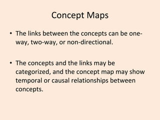 Concept Maps The links between the concepts can be one-way, two-way, or non-directional.  The concepts and the links may be categorized, and the concept map may show temporal or causal relationships between concepts.  