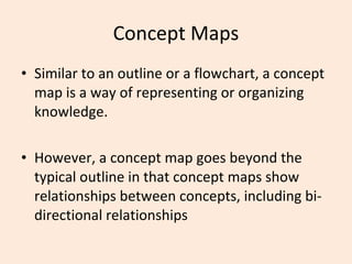 Concept Maps Similar to an outline or a flowchart, a concept map is a way of representing or organizing knowledge.  However, a concept map goes beyond the typical outline in that concept maps show relationships between concepts, including bi-directional relationships  