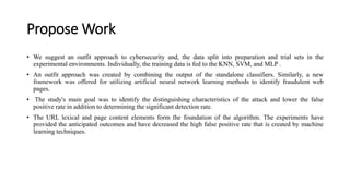 Propose Work
• We suggest an outfit approach to cybersecurity and, the data split into preparation and trial sets in the
experimental environments. Individually, the training data is fed to the KNN, SVM, and MLP .
• An outfit approach was created by combining the output of the standalone classifiers. Similarly, a new
framework was offered for utilizing artificial neural network learning methods to identify fraudulent web
pages.
• The study's main goal was to identify the distinguishing characteristics of the attack and lower the false
positive rate in addition to determining the significant detection rate.
• The URL lexical and page content elements form the foundation of the algorithm. The experiments have
provided the anticipated outcomes and have decreased the high false positive rate that is created by machine
learning techniques.
 