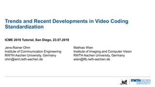 Trends and Recent Developments in Video Coding
Standardization
ICME 2018 Tutorial, San Diego, 23.07.2018
Jens-Rainer Ohm Mathias Wien
Institute of Communication Engineering Institute of Imaging and Computer Vision
RWTH Aachen University, Germany RWTH Aachen University, Germany
ohm@ient.rwth-aachen.de wien@lfb.rwth-aachen.de
 