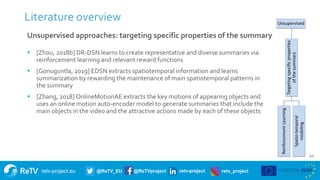 retv-project.eu @ReTV_EU @ReTVproject retv-project retv_project
20
Literature overview
Unsupervised approaches: targeting ...
