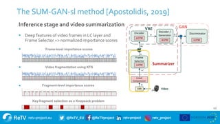 retv-project.eu @ReTV_EU @ReTVproject retv-project retv_project
The SUM-GAN-sl method [Apostolidis, 2019]
 Deep features of video frames in LC layer and
Frame Selector => normalized importance scores



43
Inference stage and video summarization
43
Video fragmentation using KTS
Fragment-level importance scores
Key-fragment selection as a Knapsack problem
Frame-level importance scores
 