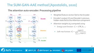 retv-project.eu @ReTV_EU @ReTVproject retv-project retv_project
The SUM-GAN-AAE method [Apostolidis, 2020]
49
The attention auto-encoder: Processing pipeline
 Weighted feature vectors fed to the Encoder
 Encoder’s output (V) and Decoder’s previous
hidden state fed to the Attention component
 Attention weights (αt) computed using:
 Energy score function
 Soft-max function
 