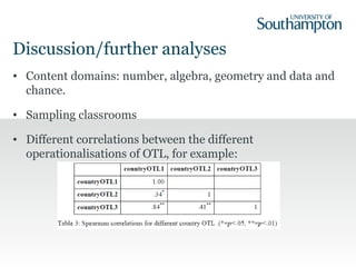 Discussion/further analyses
• Content domains: number, algebra, geometry and data and
chance.
• Sampling classrooms
• Different correlations between the different
operationalisations of OTL, for example:
 