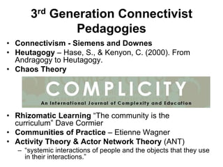 3rd Generation Connectivist
Pedagogies
• Connectivism - Siemens and Downes
• Heutagogy – Hase, S., & Kenyon, C. (2000). Fr...