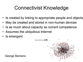 Connectivist Knowledge
• Is created by linking to appropriate people and objects
• May be created and stored in non-human ...