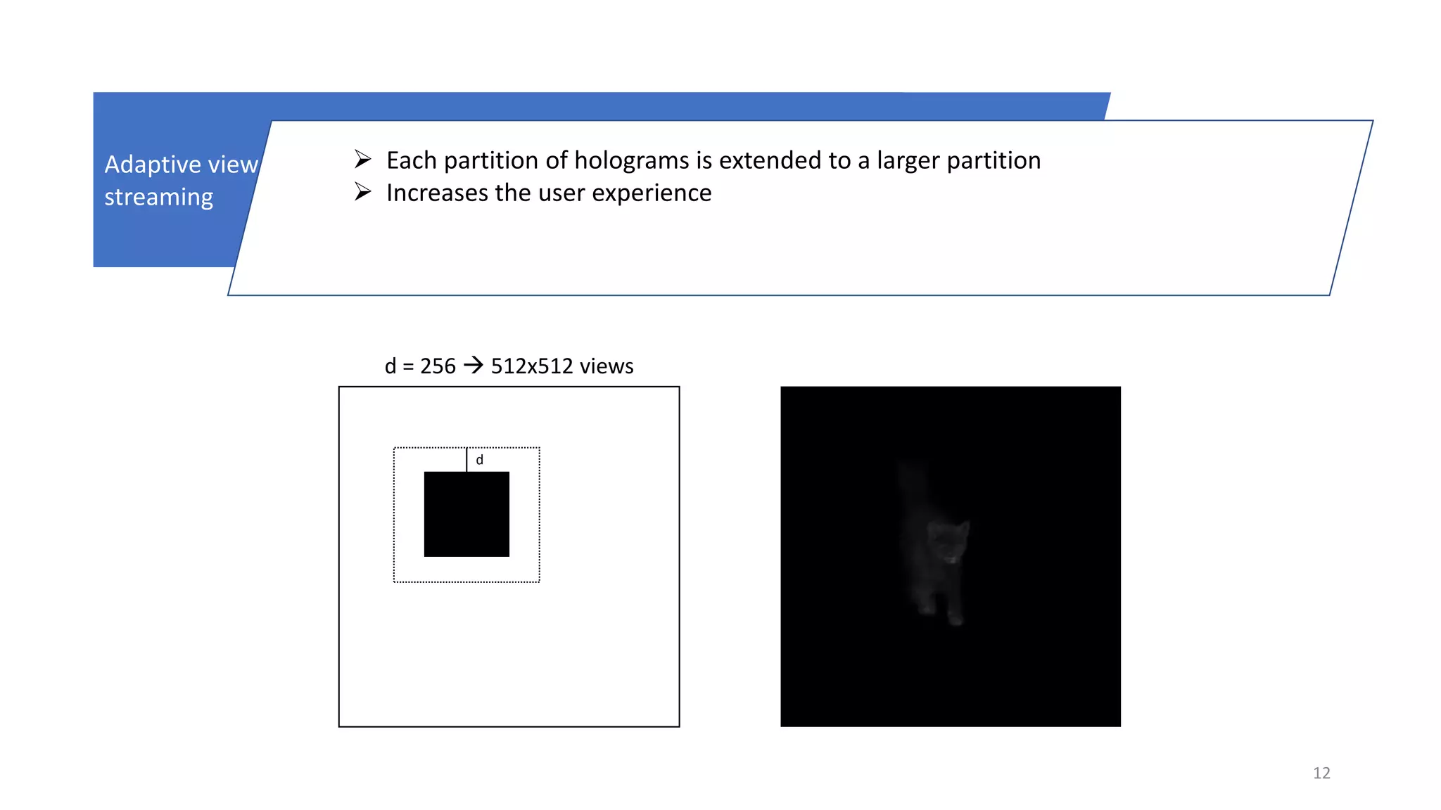 12
Adaptive view
streaming
 Each partition of holograms is extended to a larger partition
 Increases the user experience
d
d = 256  512x512 views
 