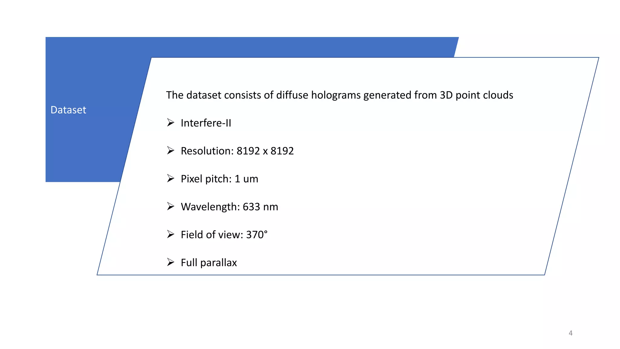4
Dataset
The dataset consists of diffuse holograms generated from 3D point clouds
 Interfere-II
 Resolution: 8192 x 8192
 Pixel pitch: 1 um
 Wavelength: 633 nm
 Field of view: 370°
 Full parallax
 