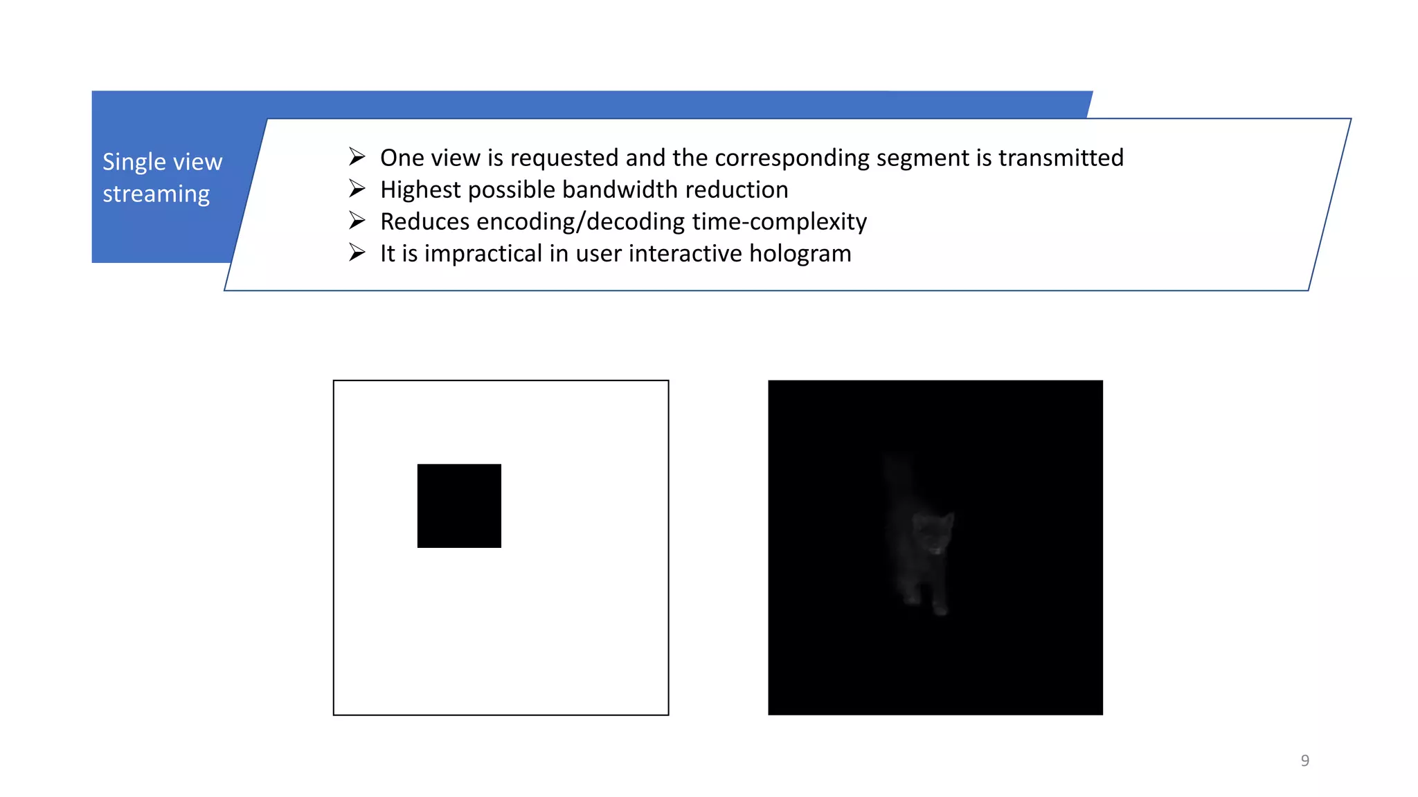 9
Single view
streaming
 One view is requested and the corresponding segment is transmitted
 Highest possible bandwidth reduction
 Reduces encoding/decoding time-complexity
 It is impractical in user interactive hologram
 