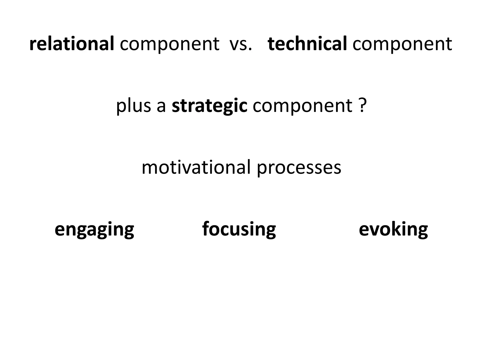 relational component vs. technical component
plus a strategic component ?
motivational processes
engaging focusing evoking