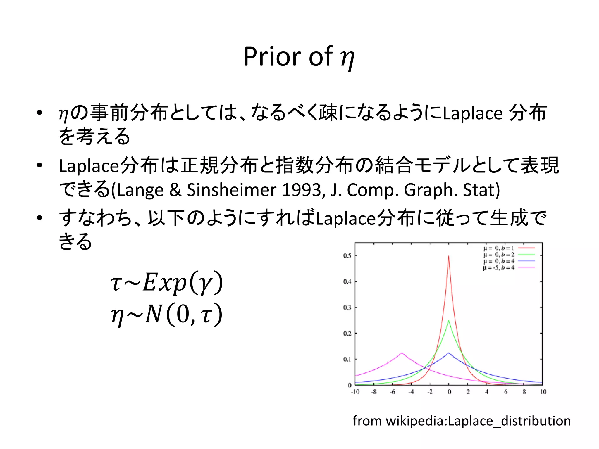 Prior of 
• の事前分布としては、なるべく疎になるようにLaplace 分布
  を考える
• Laplace分布は正規分布と指数分布の結合モデルとして表現
  できる(Lange & Sinsheimer 1993, J. Comp. Graph. Stat)
• すなわち、以下のようにすればLaplace分布に従って生成で
  きる

       ~ 
       ~ 0, 


                                from wikipedia:Laplace_distribution
 