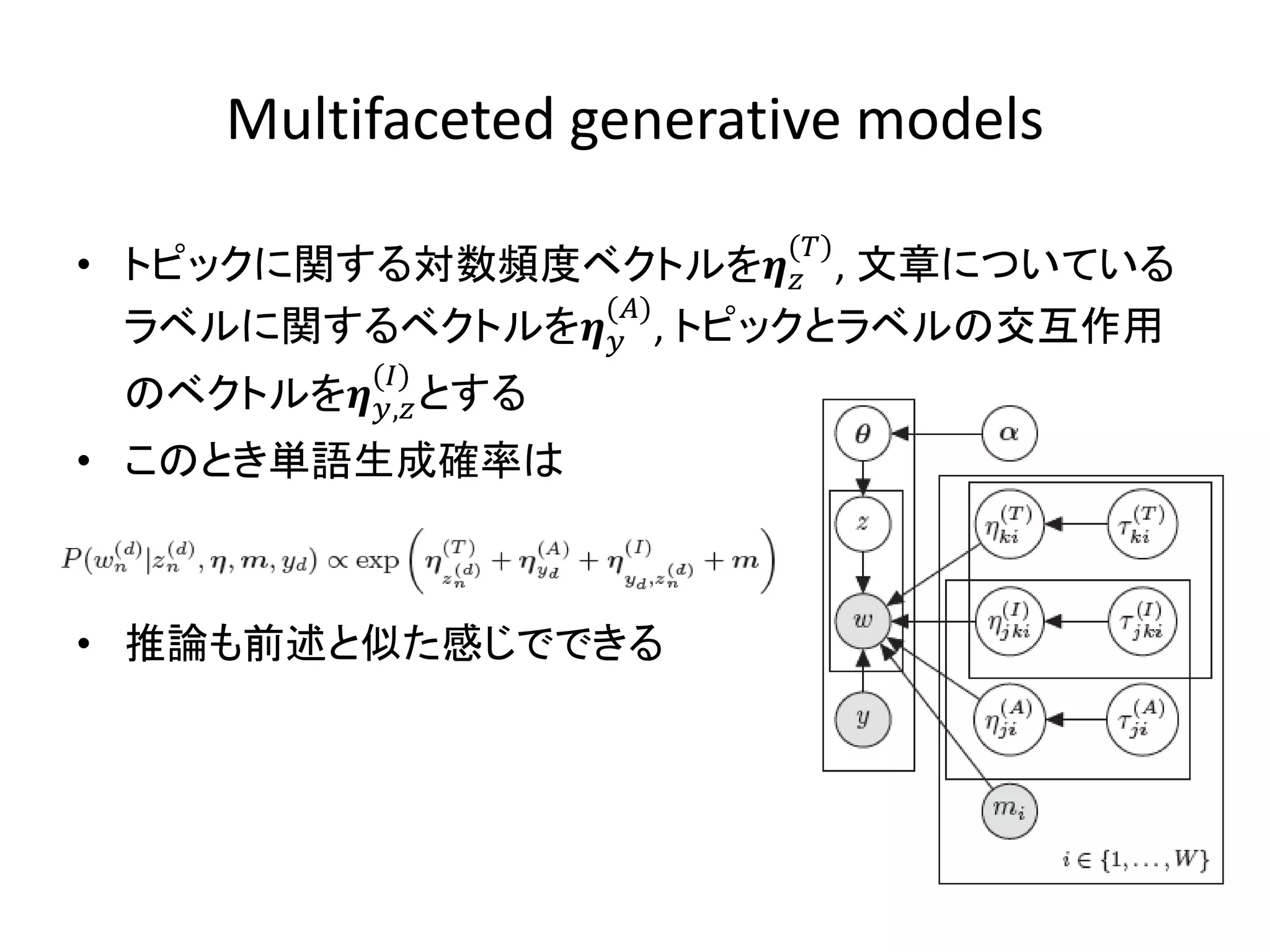 Multifaceted generative models
                         ()
• トピックに関する対数頻度ベクトルを , 文章についている
                ()
  ラベルに関するベクトルを , トピックとラベルの交互作用
           ()
 のベクトルを, とする
• このとき単語生成確率は



• 推論も前述と似た感じでできる
 