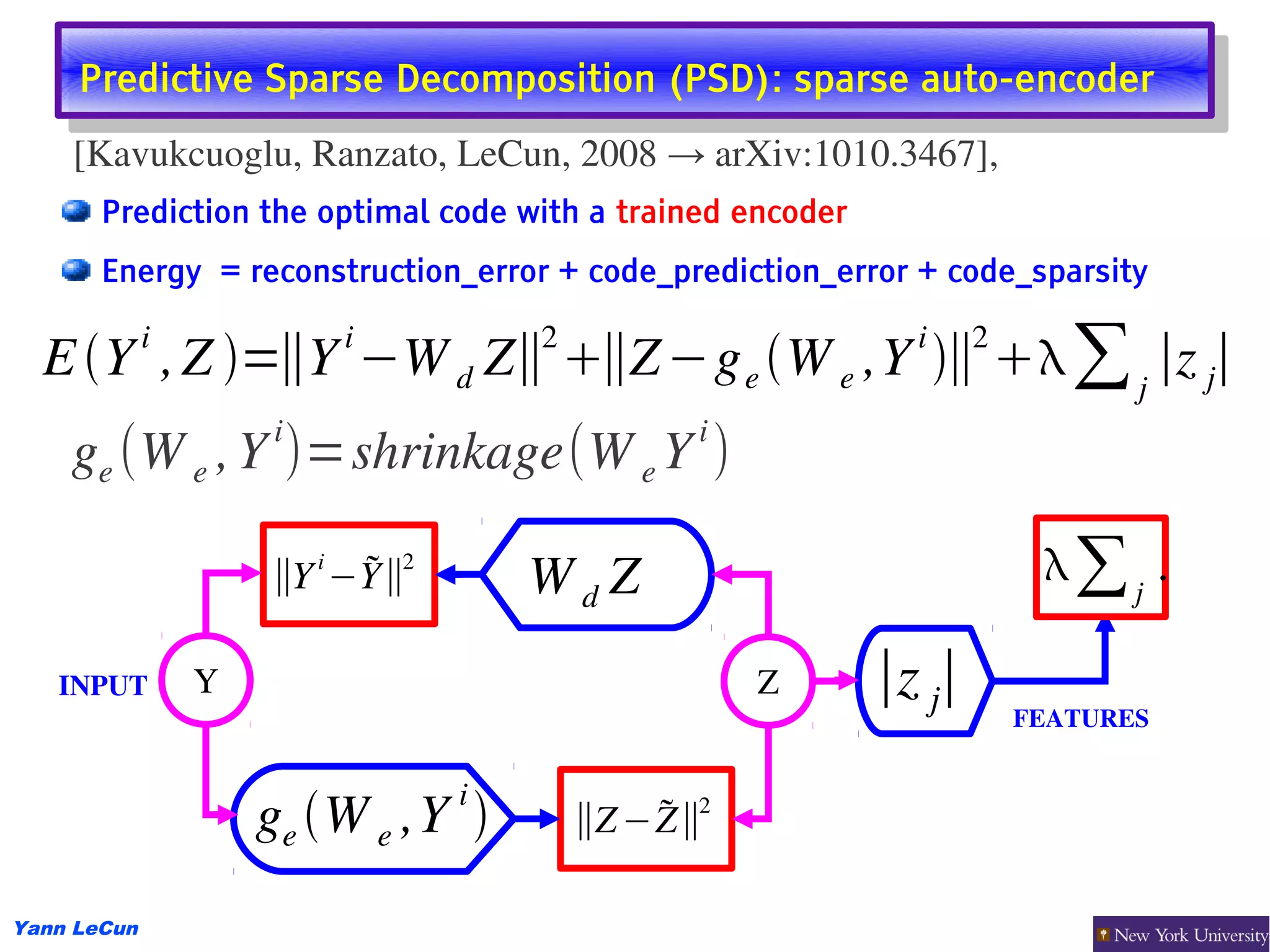 Predictive Sparse Decomposition (PSD): sparse auto-encoder
      Predictive Sparse Decomposition (PSD): sparse auto-encoder
    [Kavukcuoglu, Ranzato, LeCun, 2008 → arXiv:1010.3467],
       Prediction the optimal code with a trained encoder
       Energy = reconstruction_error + code_prediction_error + code_sparsity

             i               i           2                    i     2
  E Y , Z =∥Y −W d Z∥ ∥Z −g e W e ,Y ∥  ∑ j ∣z j∣
                     i                              i
    ge (W e , Y )=shrinkage(W e Y )
                         i
                     ∥Y −Y∥
                                2
                                         WdZ                             ∑j .

   INPUT         Y                                      Z   ∣z j∣
                                                                        FEATURES 


                                     i
                     ge W e ,Y                   2
                                             ∥Z − Z∥

Yann LeCun
 
