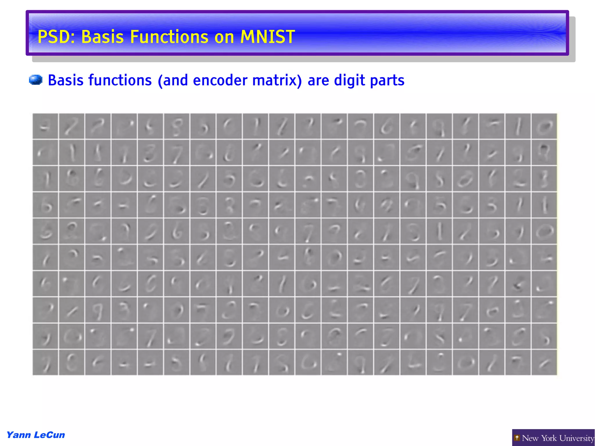 PSD: Basis Functions on MNIST
      PSD: Basis Functions on MNIST
       Basis functions (and encoder matrix) are digit parts




Yann LeCun
 