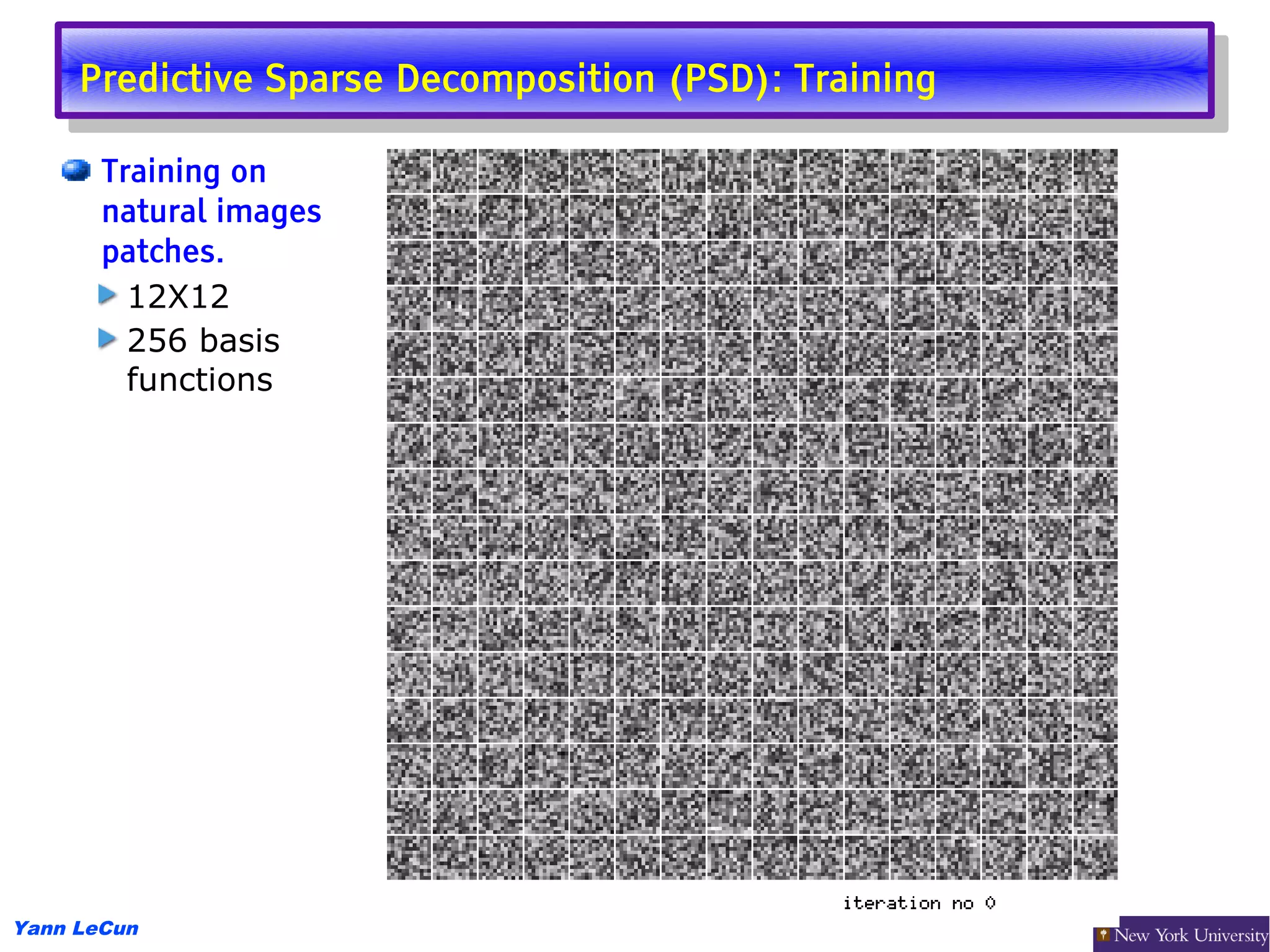 Predictive Sparse Decomposition (PSD): Training
      Predictive Sparse Decomposition (PSD): Training
       Training on
       natural images
       patches.
         12X12
         256 basis
         functions




Yann LeCun
 