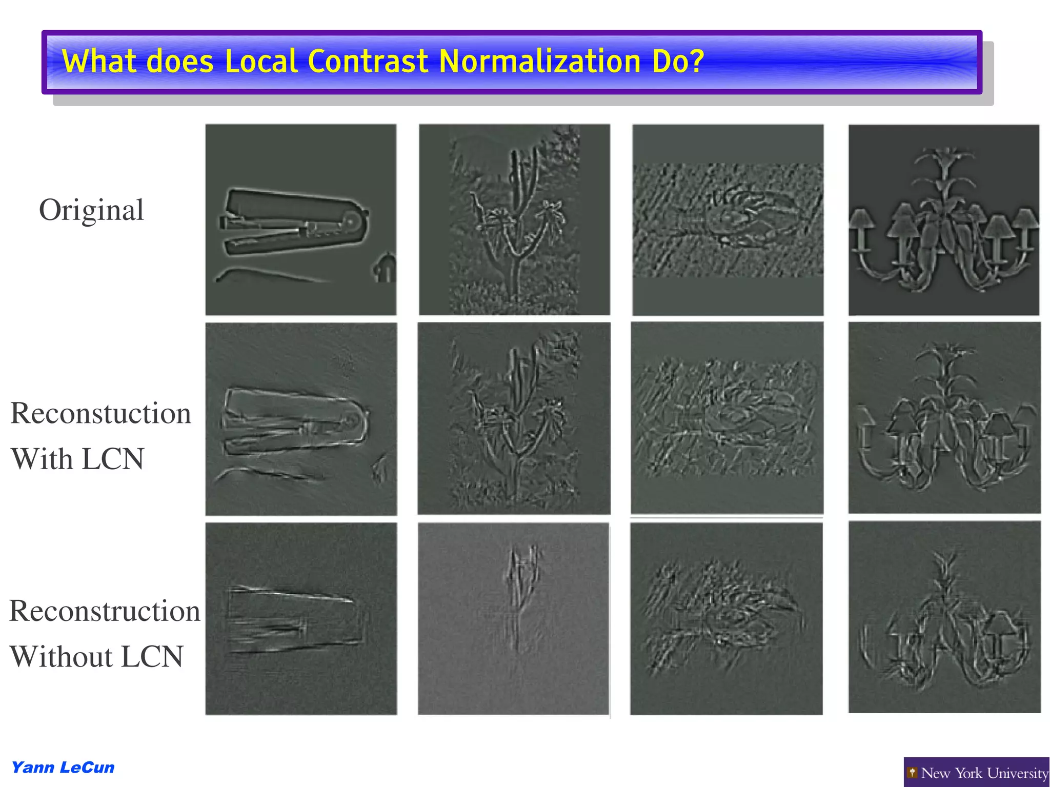 What does Local Contrast Normalization Do?
    What does Local Contrast Normalization Do?



  Original




Reconstuction
With LCN



Reconstruction
Without LCN


Yann LeCun
 