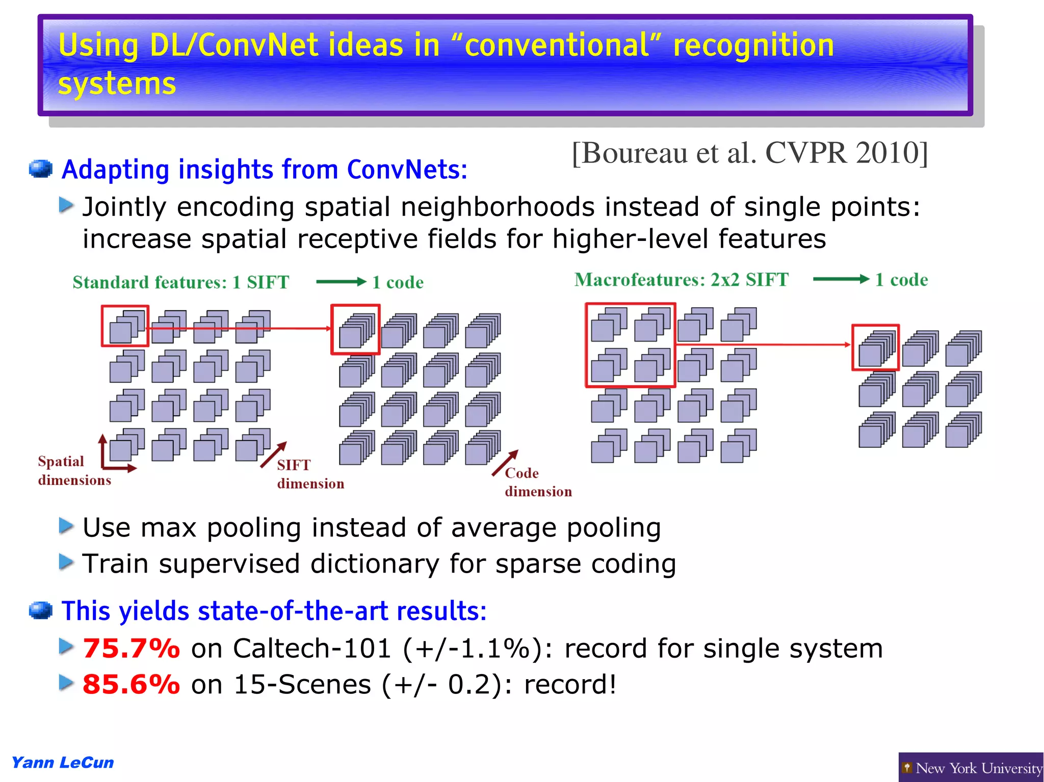 Using DL/ConvNet ideas in “conventional” recognition
     Using DL/ConvNet ideas in “conventional” recognition
    systems
     systems
                                           [Boureau et al. CVPR 2010]
     Adapting insights from ConvNets:
      Jointly encoding spatial neighborhoods instead of single points:
      increase spatial receptive fields for higher-level features




       Use max pooling instead of average pooling
       Train supervised dictionary for sparse coding
     This yields state-of-the-art results:
      75.7% on Caltech-101 (+/-1.1%): record for single system
      85.6% on 15-Scenes (+/- 0.2): record!

Yann LeCun
 