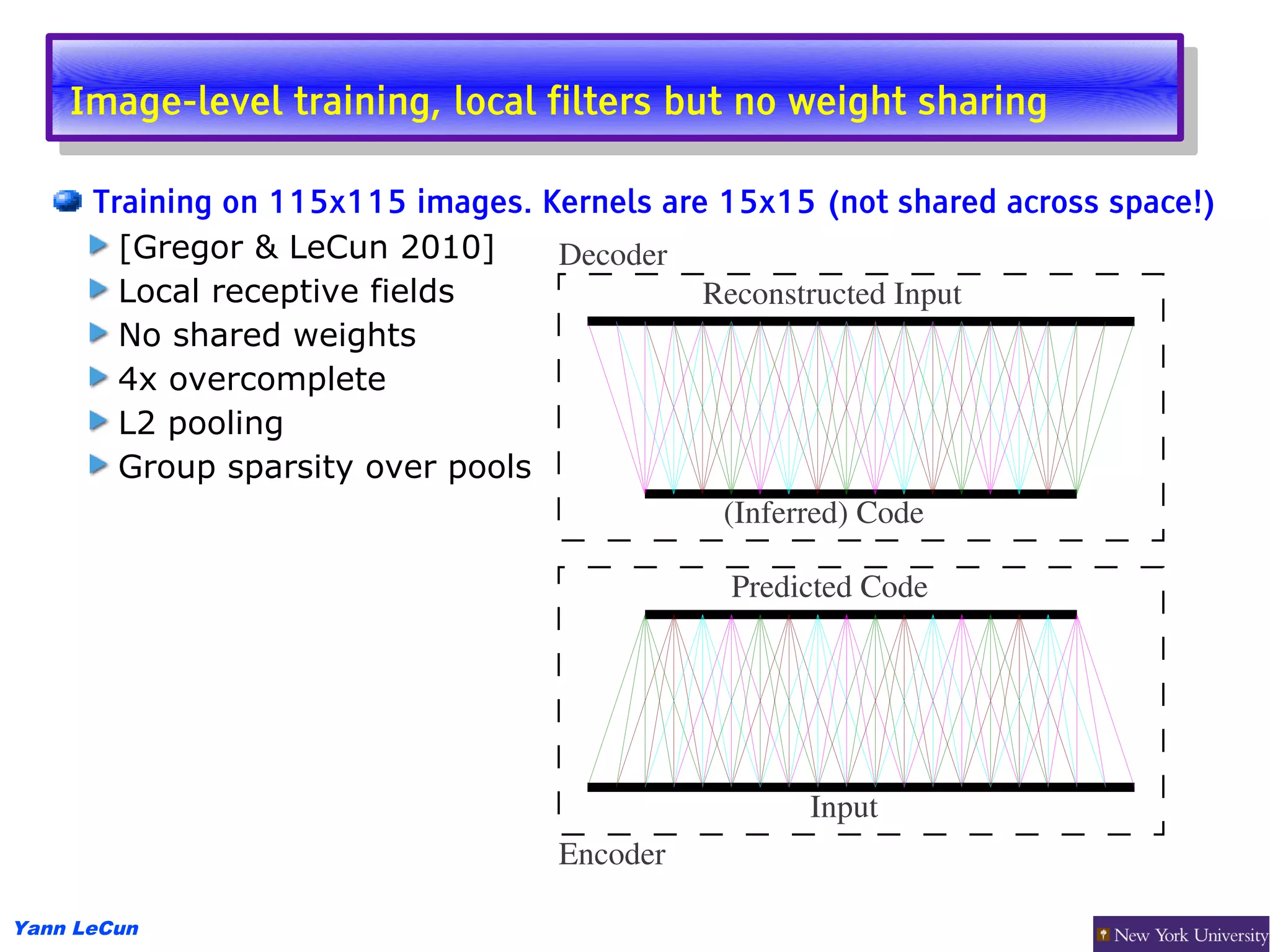 Image-level training, local filters but no weight sharing
     Image-level training, local filters but no weight sharing

      Training on 115x115 images. Kernels are 15x15 (not shared across space!)
        [Gregor & LeCun 2010]      Decoder
        Local receptive fields               Reconstructed Input
        No shared weights
        4x overcomplete
        L2 pooling
        Group sparsity over pools
                                              (Inferred) Code

                                              Predicted Code




                                                   Input
                                   Encoder

Yann LeCun
 