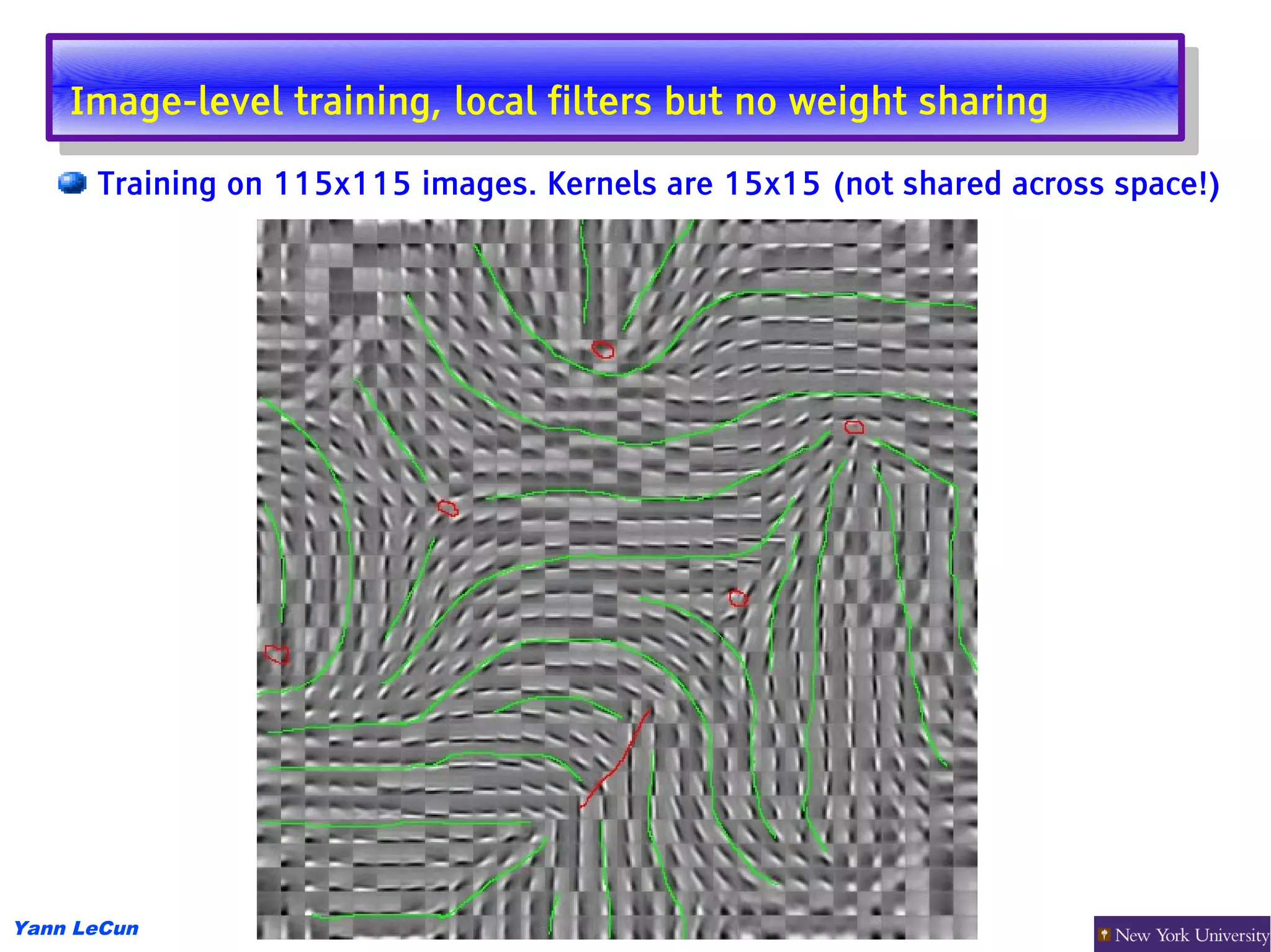 Image-level training, local filters but no weight sharing
     Image-level training, local filters but no weight sharing
      Training on 115x115 images. Kernels are 15x15 (not shared across space!)




Yann LeCun
 