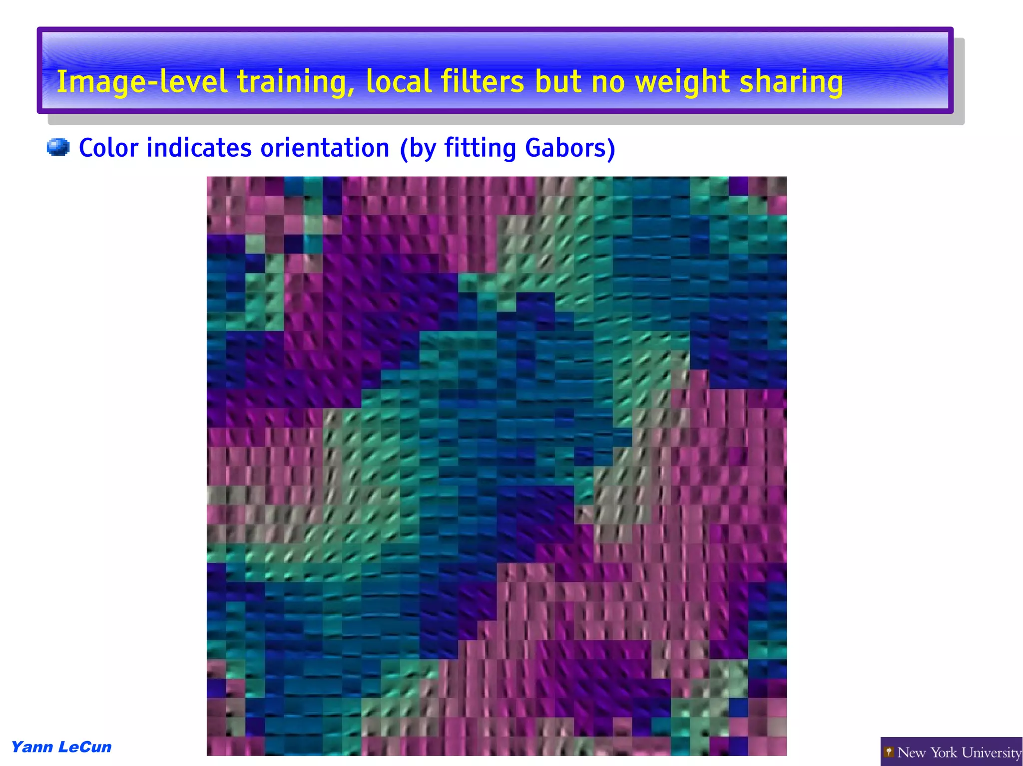 Image-level training, local filters but no weight sharing
     Image-level training, local filters but no weight sharing
      Color indicates orientation (by fitting Gabors)




Yann LeCun
 