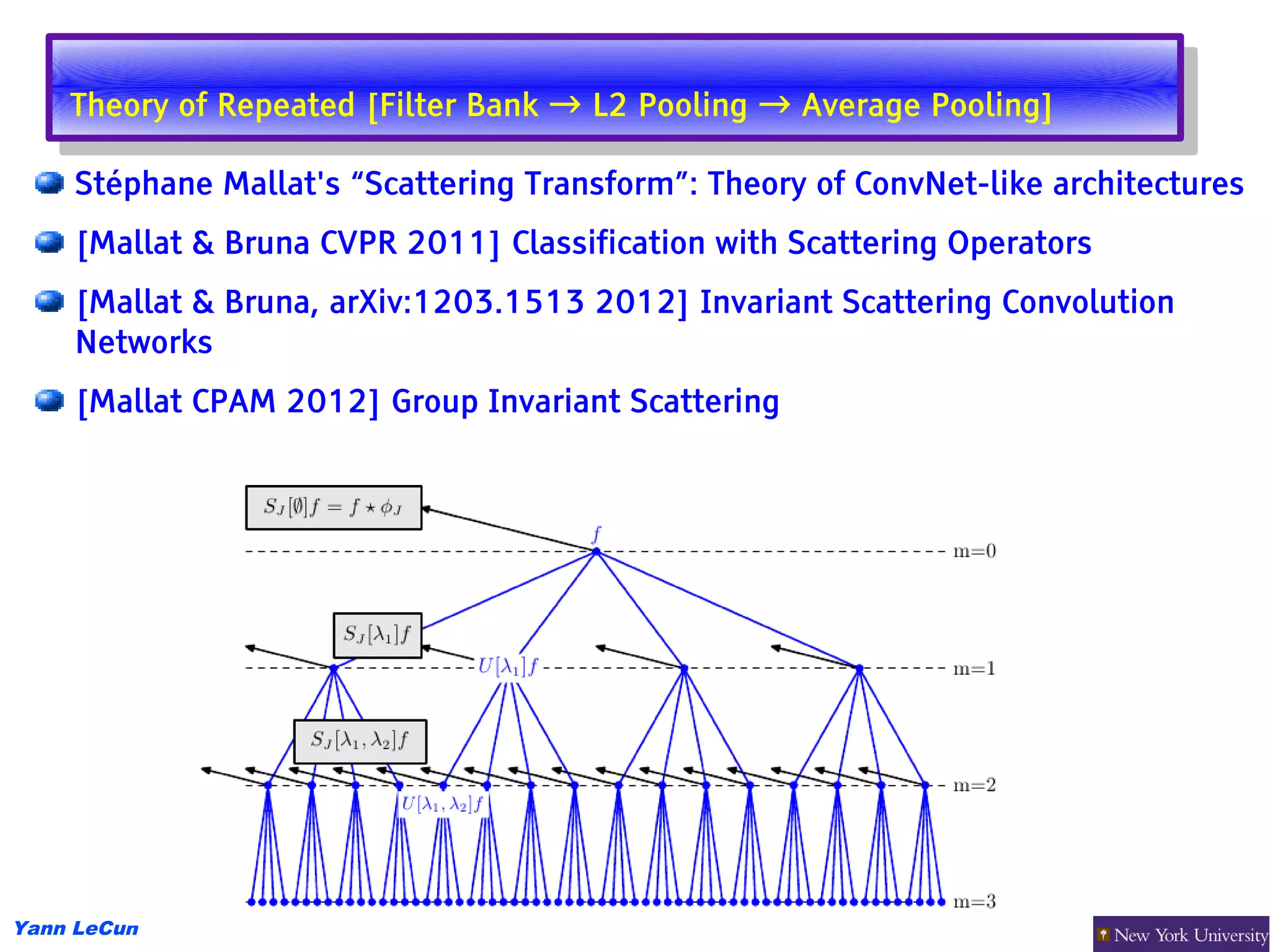 Theory of Repeated [Filter Bank → L2 Pooling → Average Pooling]
     Theory of Repeated [Filter Bank → L2 Pooling → Average Pooling]

     Stéphane Mallat's “Scattering Transform”: Theory of ConvNet-like architectures
     [Mallat & Bruna CVPR 2011] Classification with Scattering Operators
     [Mallat & Bruna, arXiv:1203.1513 2012] Invariant Scattering Convolution
     Networks
     [Mallat CPAM 2012] Group Invariant Scattering




Yann LeCun
 