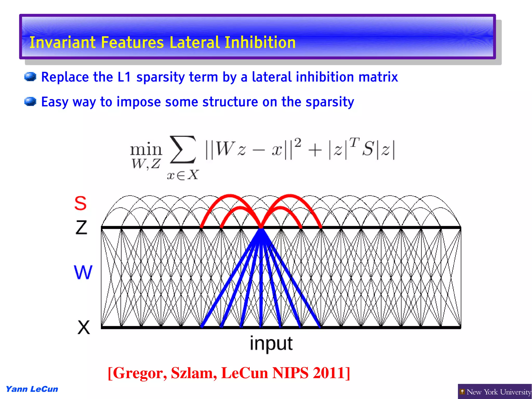 Invariant Features Lateral Inhibition
     Invariant Features Lateral Inhibition
      Replace the L1 sparsity term by a lateral inhibition matrix
      Easy way to impose some structure on the sparsity




                 [Gregor, Szlam, LeCun NIPS 2011]
Yann LeCun
 