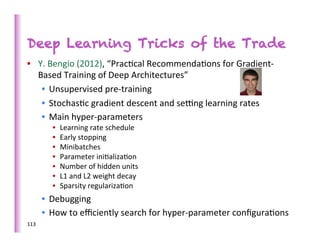 Deep Learning Tricks of the Trade
•  Y.	
  Bengio	
  (2012),	
  “Prac>cal	
  Recommenda>ons	
  for	
  Gradient-­‐
   Based	
  Training	
  of	
  Deep	
  Architectures”	
  	
  
    •  Unsupervised	
  pre-­‐training	
  
    •  Stochas>c	
  gradient	
  descent	
  and	
  se•ng	
  learning	
  rates	
  
    •  Main	
  hyper-­‐parameters	
  
             •    Learning	
  rate	
  schedule	
  
             •    Early	
  stopping	
  
             •    Minibatches	
  
             •    Parameter	
  ini>aliza>on	
  
             •    Number	
  of	
  hidden	
  units	
  
             •    L1	
  and	
  L2	
  weight	
  decay	
  
             •    Sparsity	
  regulariza>on	
  
          •  Debugging	
  
          •  How	
  to	
  eﬃciently	
  search	
  for	
  hyper-­‐parameter	
  conﬁgura>ons	
  
113	
  
 