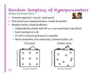 Random Sampling of Hyperparameters
(Bergstra	
  &	
  Bengio	
  2012)	
  
•  Common	
  approach:	
  manual	
  +	
  grid	
  search	
  
•  Grid	
  search	
  over	
  hyperparameters:	
  simple	
  &	
  wasteful	
  
•  Random	
  search:	
  simple	
  &	
  eﬃcient	
  
    •  Independently	
  sample	
  each	
  HP,	
  e.g.	
  l.rate~exp(U[log(.1),log(.0001)])	
  
    •  Each	
  training	
  trial	
  is	
  iid	
  
    •  If	
  a	
  HP	
  is	
  irrelevant	
  grid	
  search	
  is	
  wasteful	
  
    •  More	
  convenient:	
  ok	
  to	
  early-­‐stop,	
  con>nue	
  further,	
  etc.	
  




121	
  
 