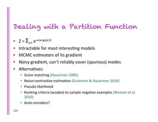 Dealing with a Partition Function

•         Z	
  =	
  Σx,h	
  e-­‐energy(x,h)	
  
•         Intractable	
  for	
  most	
  interes>ng	
  models	
  
•         MCMC	
  es>mators	
  of	
  its	
  gradient	
  
•         Noisy	
  gradient,	
  can’t	
  reliably	
  cover	
  (spurious)	
  modes	
  
•         Alterna>ves:	
  
           •  Score	
  matching	
  (Hyvarinen	
  2005)	
  
           •  Noise-­‐contras>ve	
  es>ma>on	
  (Gutmann	
  &	
  Hyvarinen	
  2010)	
  
           •  Pseudo-­‐likelihood	
  
           •  Ranking	
  criteria	
  (wsabie)	
  to	
  sample	
  nega>ve	
  examples	
  (Weston	
  et	
  al.	
  
              2010)	
  
           •  Auto-­‐encoders?	
  
125	
  
 