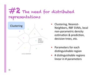 #2 The need for distributed
representations
                     •  Clustering,	
  Nearest-­‐
    Clustering	
  
                        Neighbors,	
  RBF	
  SVMs,	
  local	
  
                        non-­‐parametric	
  density	
  
                        es>ma>on	
  &	
  predic>on,	
  
                        decision	
  trees,	
  etc.	
  

                     •  Parameters	
  for	
  each	
  
                        dis>nguishable	
  region	
  
                     •  #	
  dis>nguishable	
  regions	
  
                        linear	
  in	
  #	
  parameters	
  


16	
  
 