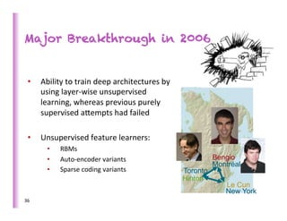 Major Breakthrough in 2006


   •     Ability	
  to	
  train	
  deep	
  architectures	
  by	
  
         using	
  layer-­‐wise	
  unsupervised	
  
         learning,	
  whereas	
  previous	
  purely	
  
         supervised	
  abempts	
  had	
  failed	
  

   •     Unsupervised	
  feature	
  learners:	
  
           •     RBMs	
  
           •     Auto-­‐encoder	
  variants	
                                  Bengio
                                                                               Montréal
           •     Sparse	
  coding	
  variants	
                      Toronto
                                                                     Hinton
                                                                                  Le Cun
                                                                                  New York
36	
  
 