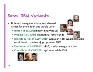 Some RBM Variants
•  Diﬀerent	
  energy	
  func>ons	
  and	
  allowed	
  	
   	
         	
       	
  	
  	
  	
  	
  
   values	
  for	
  the	
  hidden	
  and	
  visible	
  units:	
  
    •  Hinton	
  et	
  al	
  2006:	
  binary-­‐binary	
  RBMs	
  
    •  Welling	
  NIPS’2004:	
  exponen>al	
  family	
  units	
  
    •  Ranzato	
  &	
  Hinton	
  CVPR’2010:	
  Gaussian	
  RBM	
  weaknesses	
  (no	
  
       condi>onal	
  covariance),	
  propose	
  mcRBM	
  
    •  Ranzato	
  et	
  al	
  NIPS’2010:	
  mPoT,	
  similar	
  energy	
  func>on	
  
    •  Courville	
  et	
  al	
  ICML’2011:	
  spike-­‐and-­‐slab	
  RBM	
  	
  




76	
  
 
