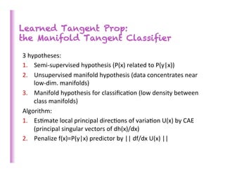 Learned Tangent Prop:
the Manifold Tangent Classifier

3	
  hypotheses:	
  
1.  Semi-­‐supervised	
  hypothesis	
  (P(x)	
  related	
  to	
  P(y|x))	
  	
  
2.  Unsupervised	
  manifold	
  hypothesis	
  (data	
  concentrates	
  near	
  
       low-­‐dim.	
  manifolds)	
  
3.  Manifold	
  hypothesis	
  for	
  classiﬁca>on	
  (low	
  density	
  between	
  
       class	
  manifolds)	
  
Algorithm:	
  
1.  Es>mate	
  local	
  principal	
  direc>ons	
  of	
  varia>on	
  U(x)	
  by	
  CAE	
  
       (principal	
  singular	
  vectors	
  of	
  dh(x)/dx)	
  
2.  Penalize	
  f(x)=P(y|x)	
  predictor	
  by	
  ||	
  df/dx	
  U(x)	
  ||	
  
 
