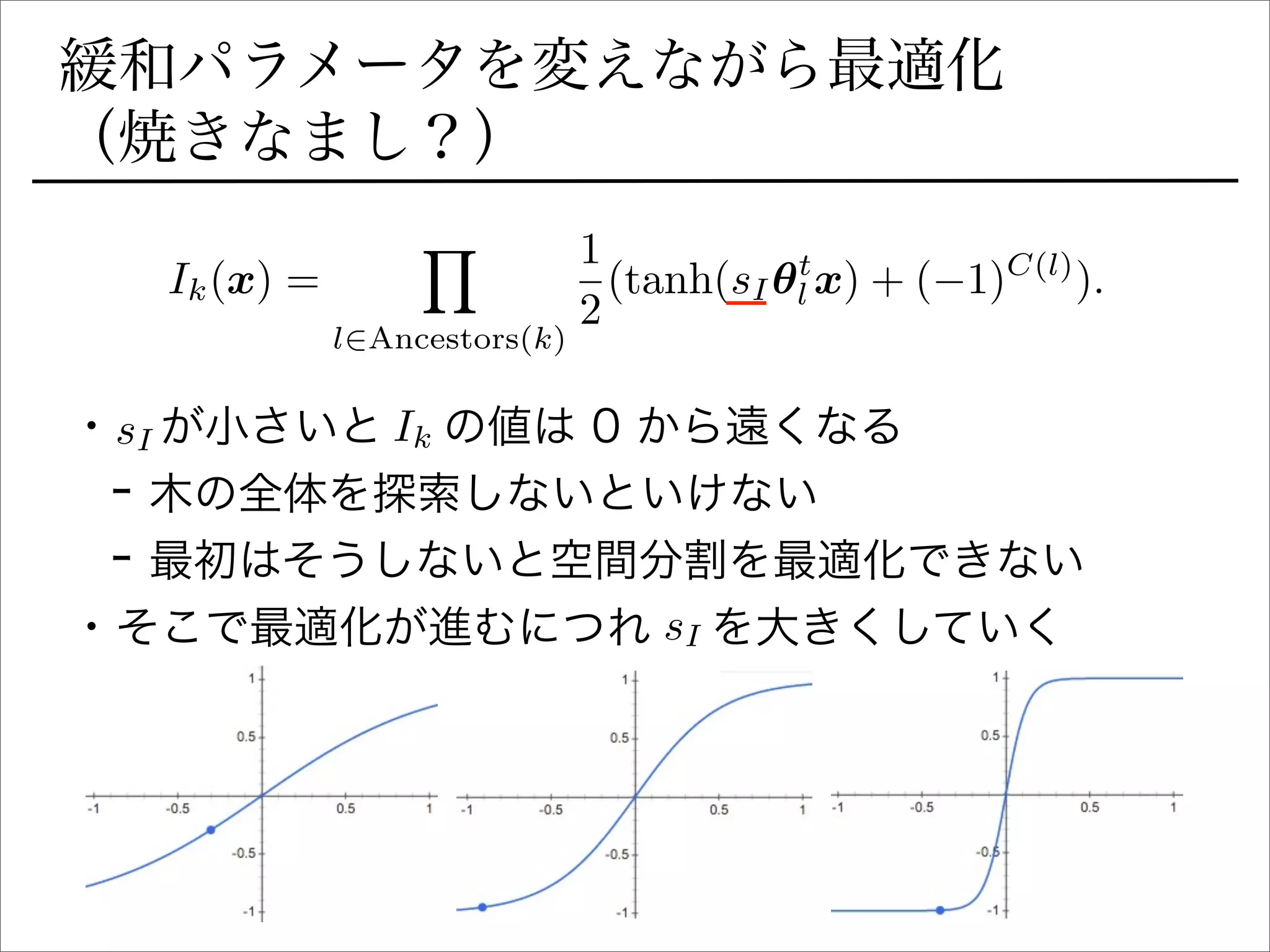 緩和パラメータを変えながら最適化
（焼きなまし？）
Ik(x) =
Y
l2Ancestors(k)
1
2
(tanh(sI✓t
l x) + ( 1)C(l)
).
•  が小さいと  の値は 0 から遠くなる
- 木の全体を探索しないといけない
- 最初はそうしないと空間分割を最適化できない
• そこで最適化が進むにつれ  を大きくしていく
sI Ik
sI
 