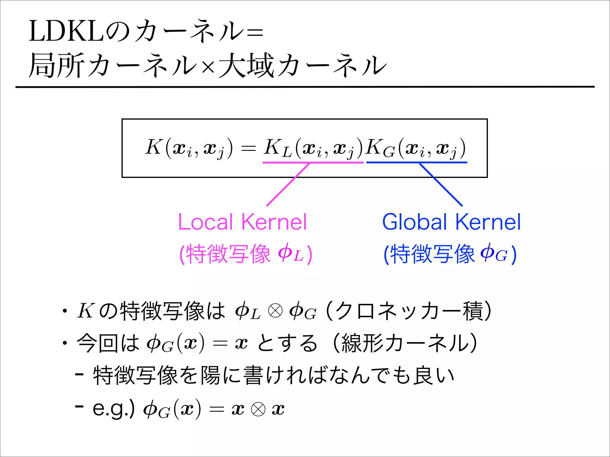 LDKLのカーネル=
局所カーネル 大域カーネル
K(xi, xj) = KL(xi, xj)KG(xi, xj)
Local Kernel
(特徴写像 )L
Global Kernel
(特徴写像 )G
•  の特徴写像は    （クロネッカー積）
• 今回は      とする（線形カーネル）
- 特徴写像を陽に書ければなんでも良い
- e.g.)
K L ⌦ G
G(x) = x
G(x) = x ⌦ x
 