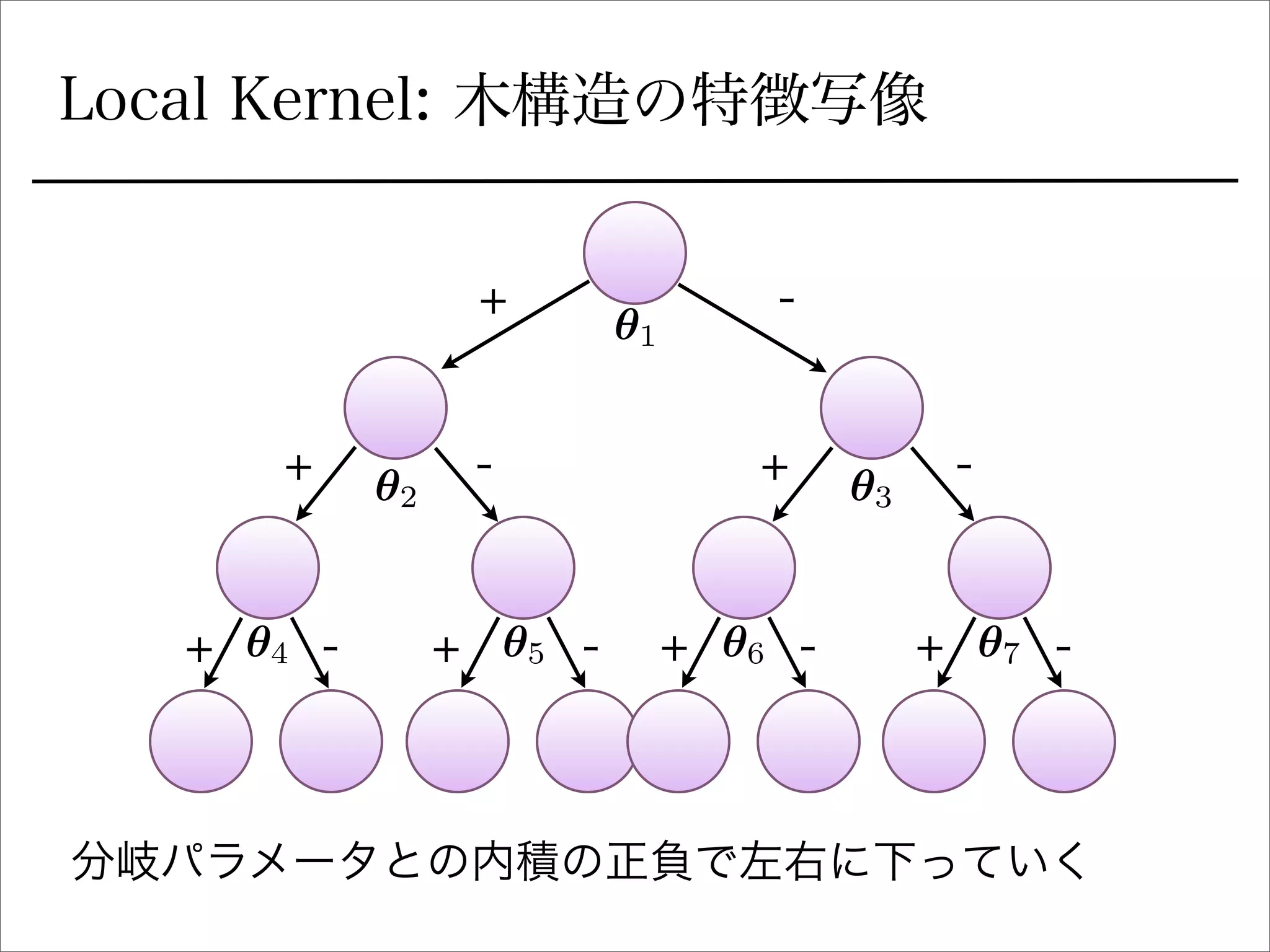 Local Kernel: 木構造の特徴写像
+ -
+ +
+ + + +
- -
- - - -
分岐パラメータとの内積の正負で左右に下っていく
✓1
✓2 ✓3
✓4 ✓5 ✓6 ✓7
 