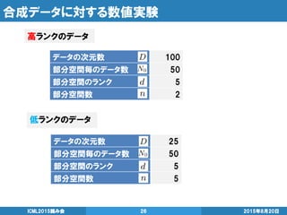 合成データに対する数値実験
高ランクのデータ
2015年8月20日ICML2015読み会 26
低ランクのデータ
データの次元数 100
部分空間毎のデータ数 50
部分空間のランク 5
部分空間数 2
データの次元数 25
部分空間毎のデータ数 50
部分空間のランク 5
部分空間数 5
 