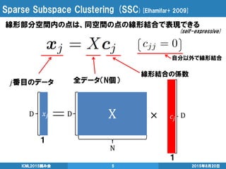 Sparse Subspace Clustering (SSC)[Elhamifar+ 2009]
線形部分空間内の点は、同空間の点の線形結合で表現できる
2015年8月20日ICML2015読み会 5
全データ（N個）
１
１
線形結合の係数
自分以外で線形結合
(self-expressive)
 
