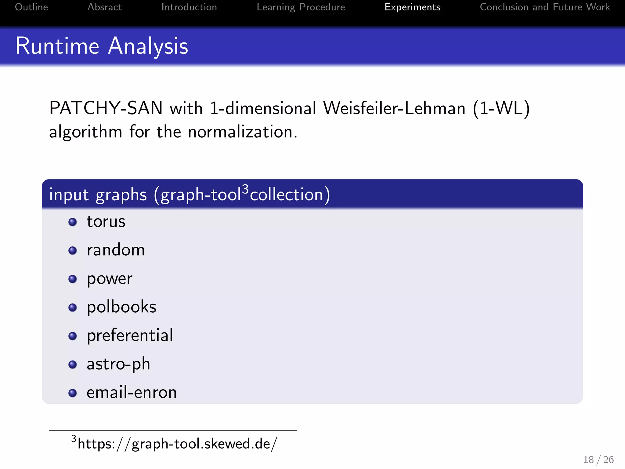 Outline Absract Introduction Learning Procedure Experiments Conclusion and Future Work
Runtime Analysis
PATCHY-SAN with 1-dimensional Weisfeiler-Lehman (1-WL)
algorithm for the normalization.
input graphs (graph-tool3collection)
torus
random
power
polbooks
preferential
astro-ph
email-enron
3
https://graph-tool.skewed.de/
18 / 26
 